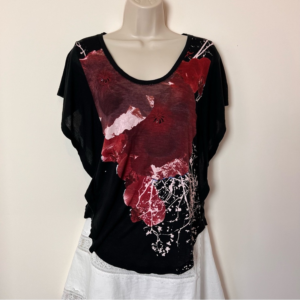 Free People Black Tee with Red Floral Print